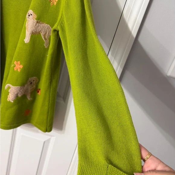 Storybook Knits Golden Retriever Dog Sweater Green Zip Cardigan Pupply Novelty M - Picture 14 of 14